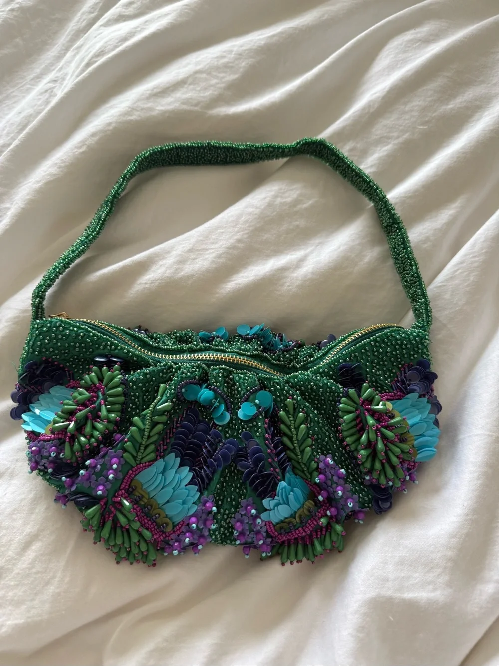 Zara Green Beaded Clutch with Blue and Purple Embellishments